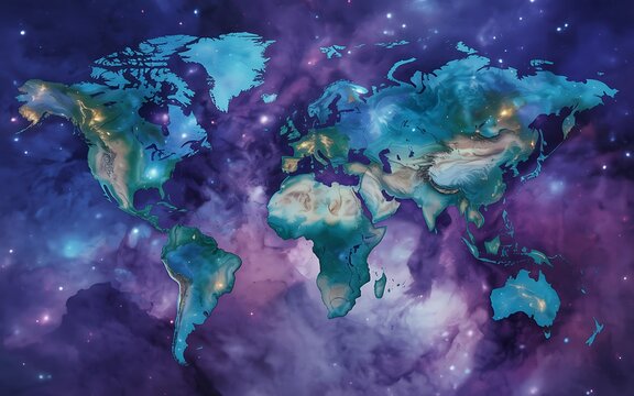 World map in space nebula