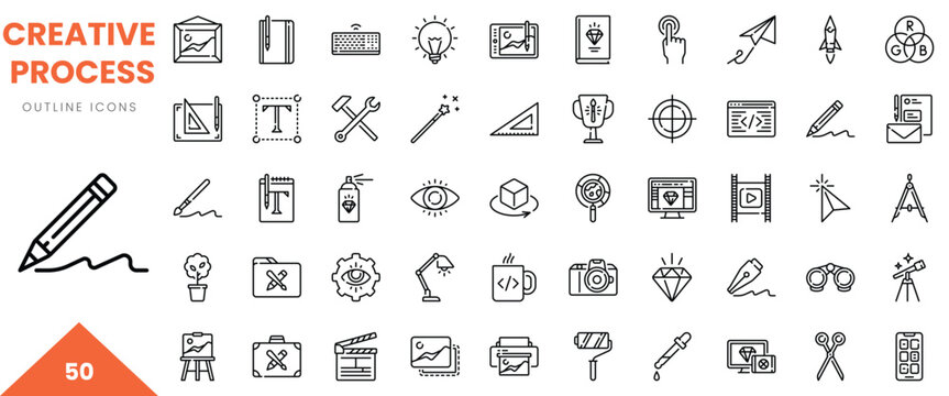 A collection of creative process outline icons, featuring tools and symbols for innovation.