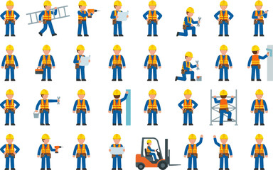 Construction Worker Characters Pack – Builder, Engineer, Safety, Tools & Equipment Icons (Vector Set)