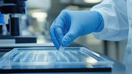 Laboratory Hand Placing Sample in Microscope Slide