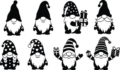 Naklejka premium Cute black and white gnome silhouettes with hats holding gifts for holiday decoration vector illustration