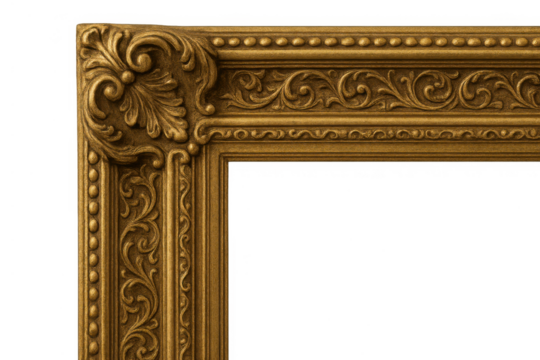 Ornate gold frame corner with intricate carved details representing classic elegance and vintage design on transparent background
