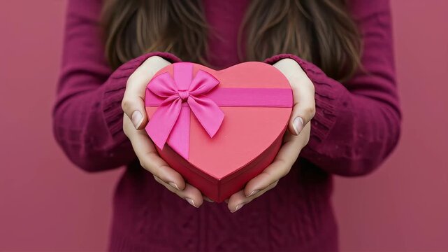 A woman lovingly hands a bright red heart gift to the viewer.