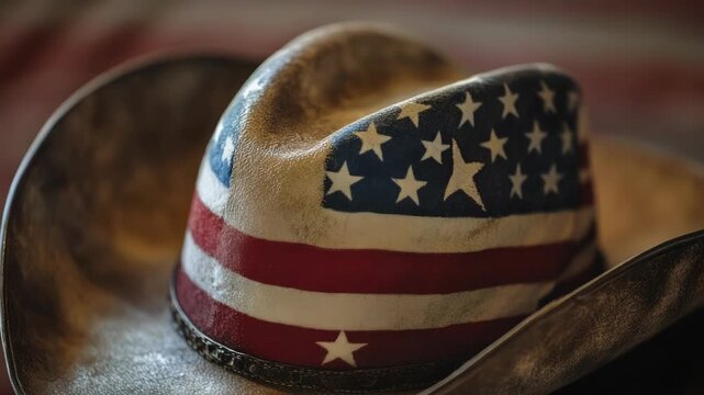 Video A classic cowboy hat with an American flag patch on it, suitable for patriotic or western-themed