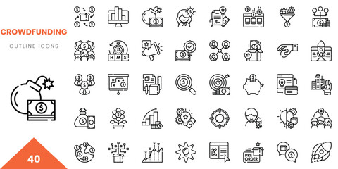 Set of 40 crowdfunding outline icons for digital marketing and finance concepts.