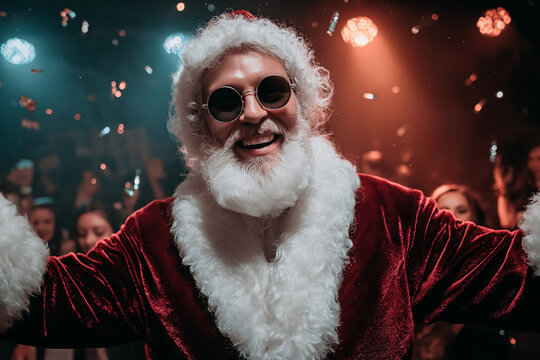Happy Cool Santa Claus Dancing at a Night Club Party with Neon Lights and Falling Confetti - New Year Celebration - Powered by Adobe