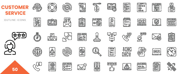 Collection of customer service outline icons showcasing various support tools and communication methods.
