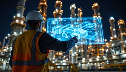 A medium shot from behind of a male engineer supervisor at a large refinery at night. He is pointing forward at the structure