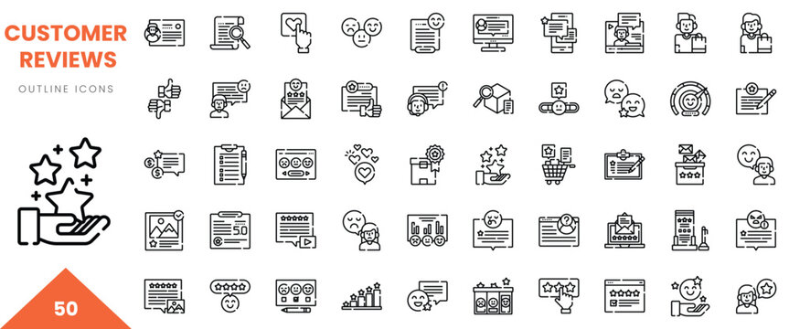 A collection of customer review outline icons, showcasing feedback and ratings symbols.