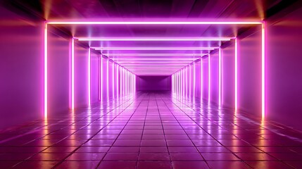 Futuristic Neon Purple Corridor with Glowing Geometric Light Frames and Reflective Tiled Floor