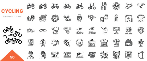 A collection of 50 outline icons representing various cycling elements, including bikes and gear.