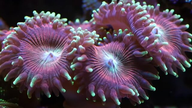 Vibrant coral polyp with textured tentacles glows underwater.