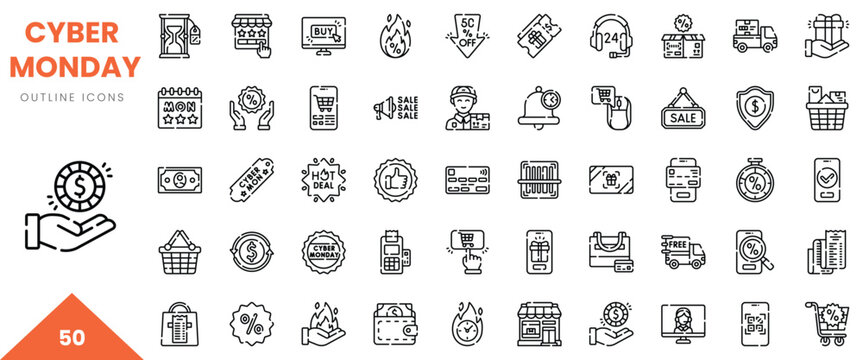 A collection of 50 outline icons representing Cyber Monday sales and promotions.