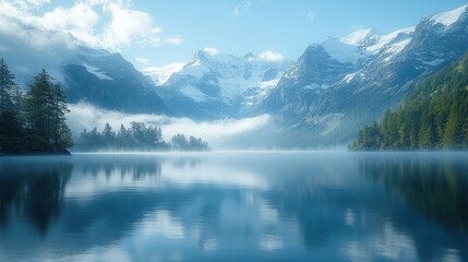Serene alpine lake reflecting majestic mountains. Misty morning