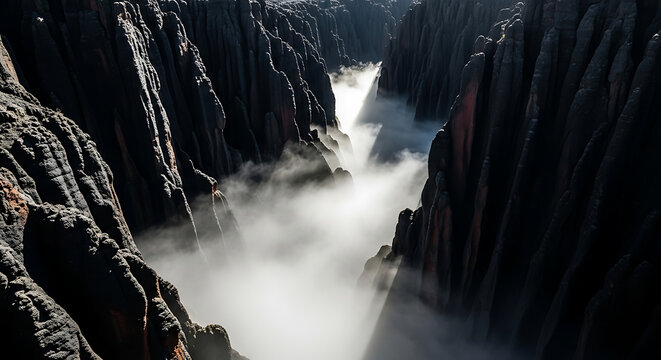 Majestic waterfall plunging into a deep canyon with mist rising