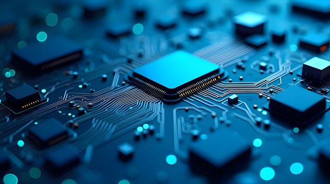 Futuristic blue electronic circuit board with glowing processor chip, advanced semiconductor design, modern digital technology, AI hardware, high-tech innovation and computing engineering
