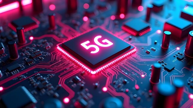 Futuristic 5G microchip glowing on advanced electronic circuit board, showcasing high-speed connectivity, modern telecommunications, digital innovation and next-generation network technology
