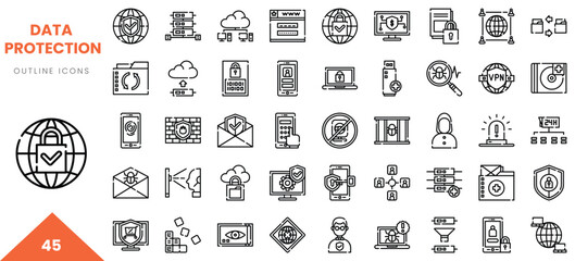 Set of data protection outline icons featuring security symbols and technology devices.