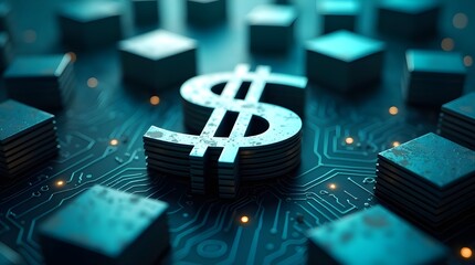 Futuristic digital finance concept featuring a glowing dollar symbol on a high-tech circuit board, representing modern fintech, online transactions, blockchain economy and money innovation