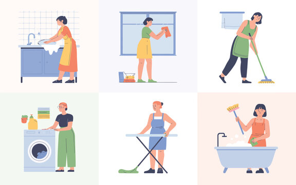 Set of six illustrations depicting people performing various household cleaning tasks