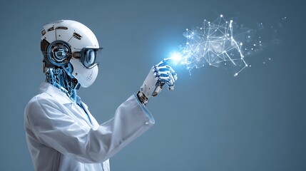 Futuristic Robot Scientist Wearing White Lab Coat Interacting with Digital Network Visualization on Blue Background