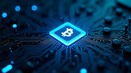 Futuristic digital circuit board with glowing Bitcoin symbol, advanced blockchain technology, secure crypto network, decentralized finance hardware and modern fintech innovation