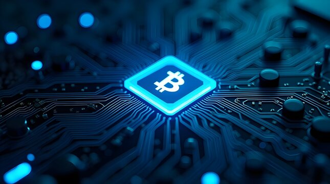 Futuristic digital circuit board with glowing Bitcoin symbol, advanced blockchain technology, secure crypto network, decentralized finance hardware and modern fintech innovation