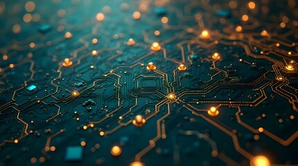 Futuristic glowing circuit board with illuminated pathways and microchip patterns, symbolizing advanced electronics, semiconductor technology, digital connectivity, and modern computing innovation