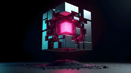 Futuristic glowing cyber cube hovering above ground, featuring advanced digital core energy, sci-fi technology design, artificial intelligence power, and next-generation high-tech innovation concept