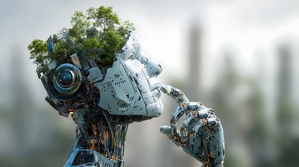 Futuristic Silver Robot with Green Trees Growing on Head Thinking in Blurred Urban Background