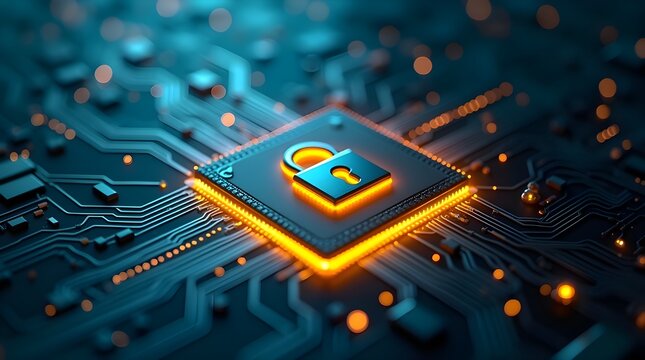 Futuristic cybersecurity microchip with glowing lock icon on advanced circuit board, symbolizing data protection, encryption technology, digital security, and modern secure computing systems