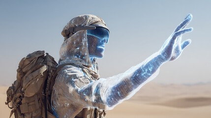 Futuristic Soldier Wearing Tactical Gear Using Holographic Interface in Desert Landscape