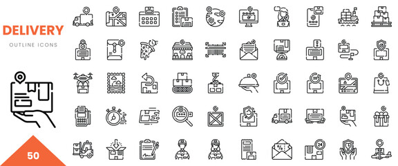 A collection of 50 outline icons representing delivery concepts and services.