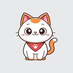 Charming White Cat Cartoon Vector Adorned with Orange Accents and a Red Bandana Exuding Cuteness Perfect for Children's Designs Just 200 Characters