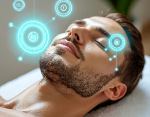 Man with closed eyes relaxing with futuristic digital interface overlay, showing calm and peaceful expression during wellness