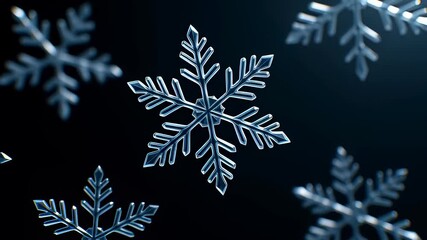 Macro 3D animation of crystal snowflakes falling slowly on a black background, illustrating a cold winter season and Christmas holiday themes. - Powered by Adobe