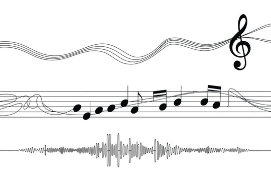 Abstract musical notation and sound wave graphic on white background