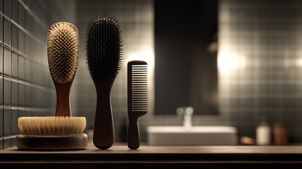 Collection of paddle brush teasing brush wide tooth comb on tiled vanity soft lighting detailed bristle and hue presentation