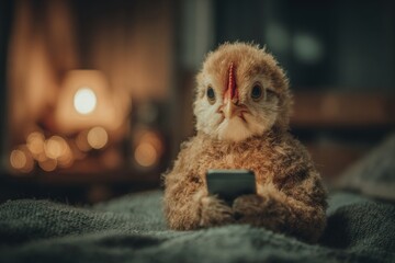 Fototapeta premium Charming chicken with smartphone: a morning surprise!. Crypto ga