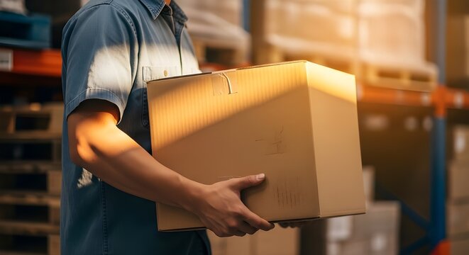 someone is carrying a box of goods in the warehouse