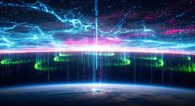 Dynamic visualization of digital data streams and network connections flowing through atmospheric layers above planet earth - Powered by Adobe