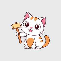 Cartoon Cat Holding Hammer Vector Art of Cute Kitten Expressing Happiness While Sitting Isolated on Plain Background Flat Design