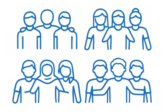 People group icon set showing connection, team, community, support, and friendship, transparent background