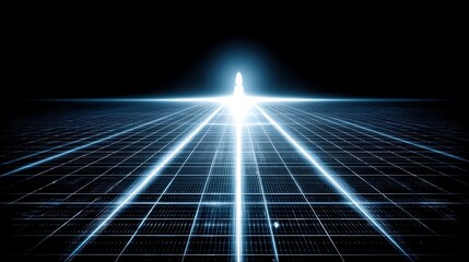 Futuristic White Rocket Launching Over Blue Digital Grid in Dark Space Background
