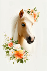Hand-drawn portrait of a chestnut horse with a white spot and flowers, delicate illustration in vintage style