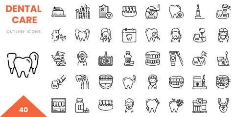 A collection of dental care outline icons, showcasing various dental tools and procedures.