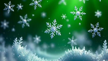 White 3D snowflakes falling gently against a glowing green bokeh background in a seamless loop, creating a magical winter Christmas atmosphere - Powered by Adobe
