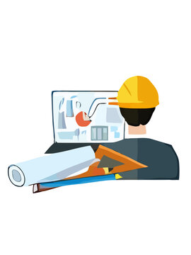 Architectural plan on laptop with hard hat and drafting tools, professional engineering and construction concept