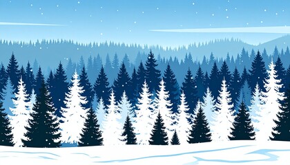 Serene winter forest landscape with snow covered pine trees and mountains.