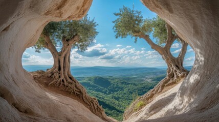 Framed view of lush green landscape and blue sky through cave opening